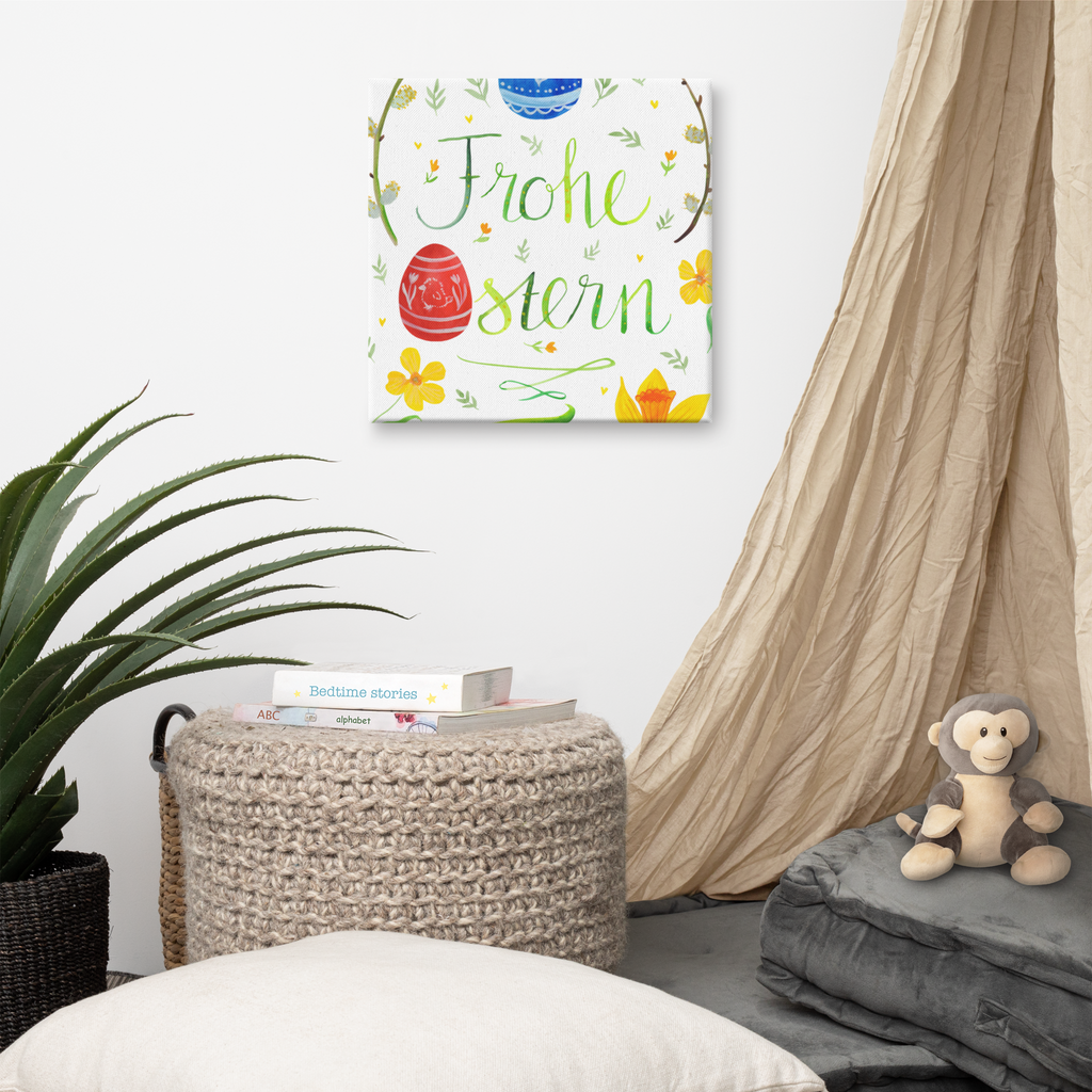 Leinwand Bild Frohe Ostern Leinwand, Bild, Kunstdruck, Wanddeko, Dekoration, Ostern, Osterhase, Ostergeschenke, Osternest, Osterdeko, Geschenk zu Ostern, Frohe Ostern, Ostergrüße, Osterblume, Osterei, bemalte Ostereier, Weidenkätzchen. Lettering
