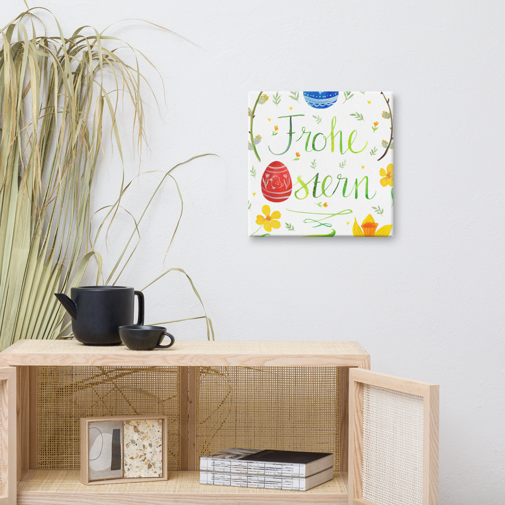Leinwand Bild Frohe Ostern Leinwand, Bild, Kunstdruck, Wanddeko, Dekoration, Ostern, Osterhase, Ostergeschenke, Osternest, Osterdeko, Geschenk zu Ostern, Frohe Ostern, Ostergrüße, Osterblume, Osterei, bemalte Ostereier, Weidenkätzchen. Lettering