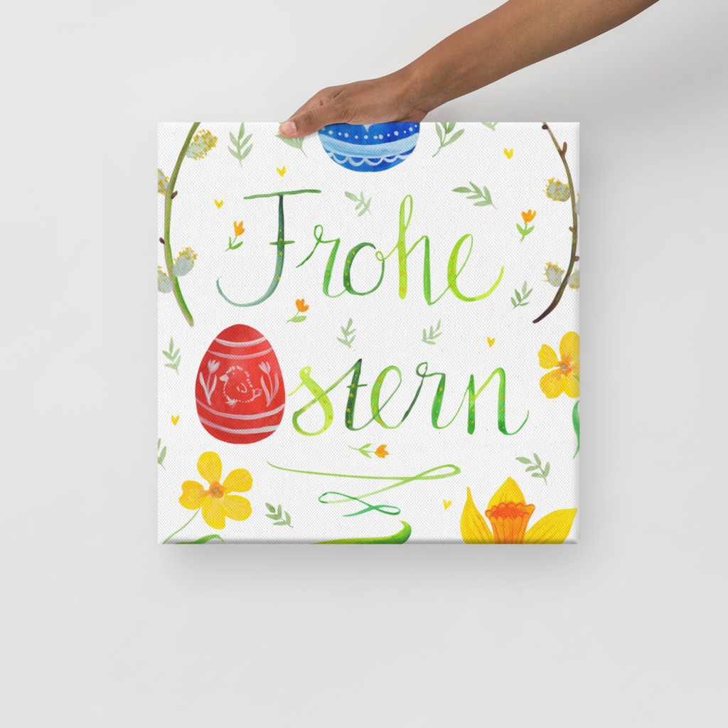 Leinwand Bild Frohe Ostern Leinwand, Bild, Kunstdruck, Wanddeko, Dekoration, Ostern, Osterhase, Ostergeschenke, Osternest, Osterdeko, Geschenk zu Ostern, Frohe Ostern, Ostergrüße, Osterblume, Osterei, bemalte Ostereier, Weidenkätzchen. Lettering