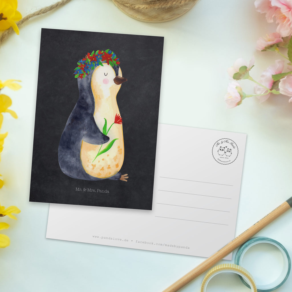 Postkarte Pinguin Blumenkranz Geschenkkarte, Grußkarte, Karte, Einladung, Ansichtskarte, Geburtstagskarte, Einladungskarte, Pinguin, Pinguine, Blumenkranz, Universum, Leben, Wünsche, Ziele, Lebensziele, Motivation, Lebenslust, Liebeskummer, Geschenkidee