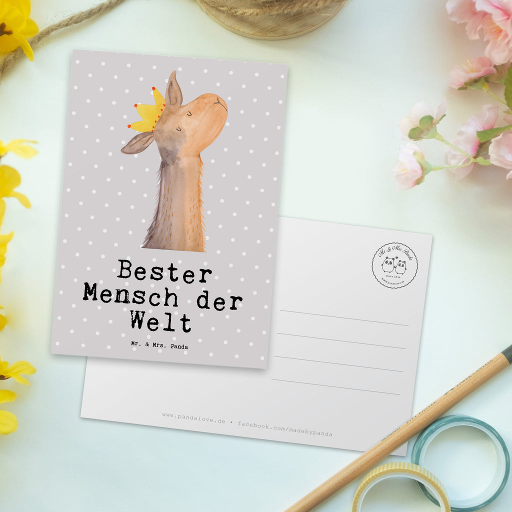 Postkarte Lama Bester Mensch der Welt Geschenkkarte, Grußkarte, Karte, Einladung, Ansichtskarte, Geburtstagskarte, Einladungskarte, für, Dankeschön, Geschenk, Schenken, Geburtstag, Geburtstagsgeschenk, Geschenkidee, Danke, Bedanken, Mitbringsel, Freude machen, Geschenktipp, Lieblingsmensch, Liebling, Lieblings Mensch, tollster Mensch, Vorbild, Partner, Ehemann, Ehefrau, Liebe, Valentinstag