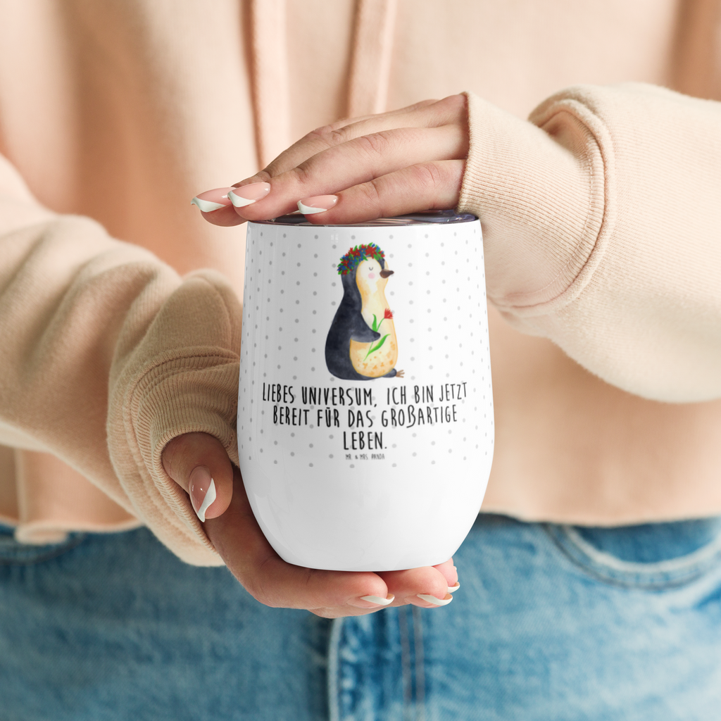 Weinbecher Pinguin Blumenkranz Weinbecher, Glühwein Becher, Heißgetränke, Trinkbecher, Weinkelch, Weingläser, hochwertiger Weinbecher, Weinbecher Reisen, Weinbecher unterwegs, Pinguin, Pinguine, Blumenkranz, Universum, Leben, Wünsche, Ziele, Lebensziele, Motivation, Lebenslust, Liebeskummer, Geschenkidee