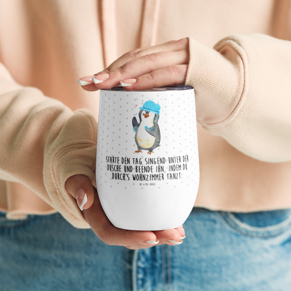 Weinbecher Pinguin duscht Weinbecher, Glühwein Becher, Heißgetränke, Trinkbecher, Weinkelch, Weingläser, hochwertiger Weinbecher, Weinbecher Reisen, Weinbecher unterwegs, Pinguin, Pinguine, Dusche, duschen, Lebensmotto, Motivation, Neustart, Neuanfang, glücklich sein