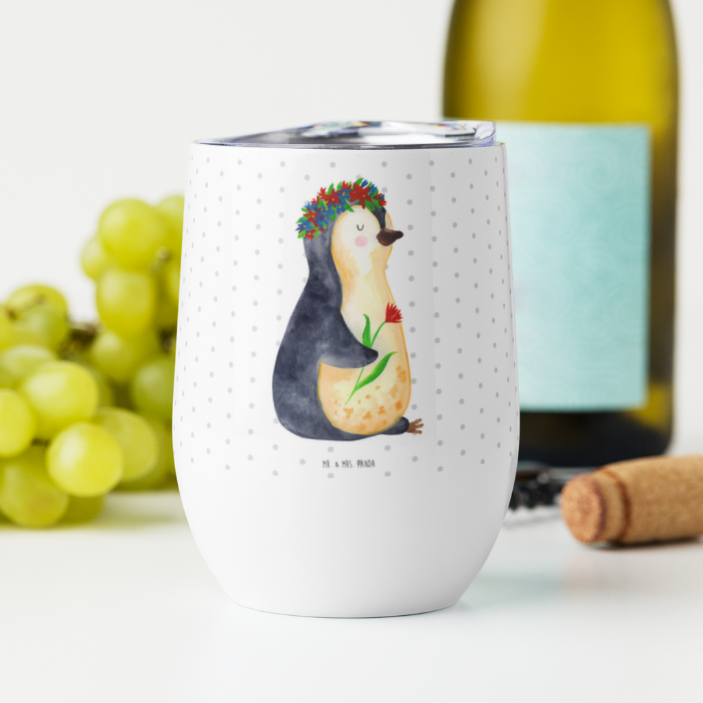Weinbecher Pinguin Blumenkranz Weinbecher, Glühwein Becher, Heißgetränke, Trinkbecher, Weinkelch, Weingläser, hochwertiger Weinbecher, Weinbecher Reisen, Weinbecher unterwegs, Pinguin, Pinguine, Blumenkranz, Universum, Leben, Wünsche, Ziele, Lebensziele, Motivation, Lebenslust, Liebeskummer, Geschenkidee