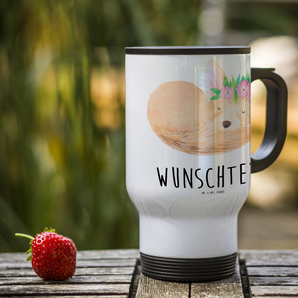 Personalisierter Thermobecher Wüstenfuchs Blumenkranz Personalisierter Thermobecher, Personalisierter To Go Becher, Personalisierte Thermotasse, Personalisierter Kaffeebecher, Personalisierter Isolierbecher, Thermobecher personalisieren, Thermobecher mit Namen, Thermobecher selbst gestalten, Wunschname, Spülmaschinenfest, Bedrucken, Isolierbecher mit Namen, Isolierbecher selbst gestalten, Thermotasse personalisieren, Thermotasse mit Namen, Afrika, Wildtiere, Wüste, Wüstenfuchs, Blumen, Blumenkranz, Glücklich