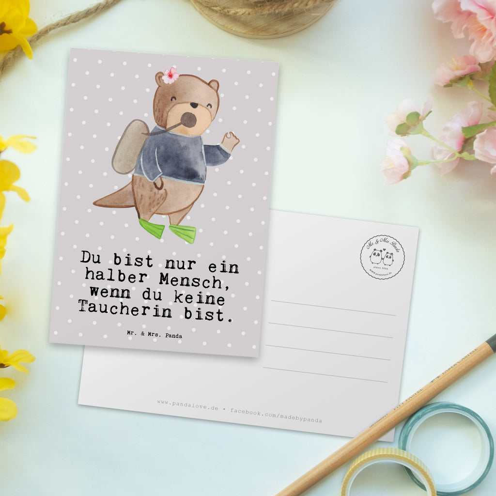 Postkarte Taucherin mit Herz Geschenkkarte, Grußkarte, Karte, Einladung, Ansichtskarte, Geburtstagskarte, Einladungskarte, Beruf, Ausbildung, Jubiläum, Abschied, Rente, Kollege, Kollegin, Geschenk, Schenken, Arbeitskollege, Mitarbeiter, Firma, Danke, Dankeschön