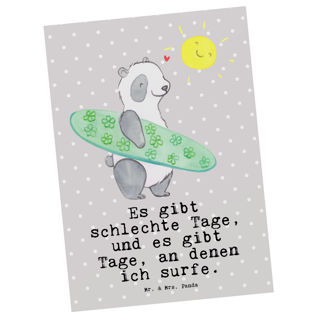 Postkarte Panda Surfen Tage Geschenkkarte, Grußkarte, Karte, Einladung, Ansichtskarte, Geburtstagskarte, Einladungskarte, Dankeskarte, Geschenk, Sport, Sportart, Hobby, Schenken, Danke, Dankeschön, Auszeichnung, Gewinn, Sportler, Wellenreiten, Surfen, Surfschule