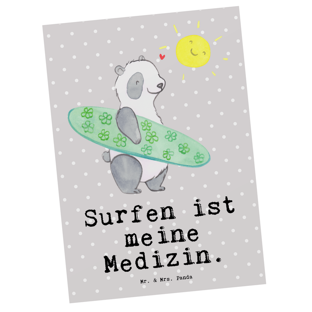 Postkarte Panda Surfen Medizin Geschenkkarte, Grußkarte, Karte, Einladung, Ansichtskarte, Geburtstagskarte, Einladungskarte, Dankeskarte, Geschenk, Sport, Sportart, Hobby, Schenken, Danke, Dankeschön, Auszeichnung, Gewinn, Sportler, Wellenreiten, Surfen, Surfschule, Surfen Erholung