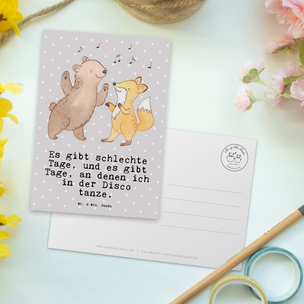 Postkarte Bär & Fuchs Disco Tage Geschenkkarte, Grußkarte, Karte, Einladung, Ansichtskarte, Geburtstagskarte, Einladungskarte, Dankeskarte, Geschenk, Sport, Sportart, Hobby, Schenken, Danke, Dankeschön, Auszeichnung, Gewinn, Sportler, Disco, Clubs, Tanzen, Feiern, Clubbing, Tanzstimmung, Nachtclub