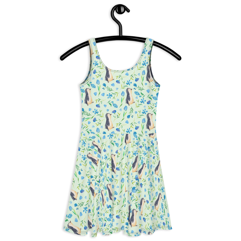 Sommerkleid Pinguinliebe Design Aquarell, Pinguin, Pinguine, Blumen, Blaue Blumen, Muster Sommerkleid, Kleid, Skaterkleid  