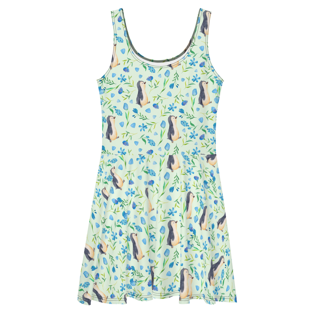 Sommerkleid Pinguinliebe Design Aquarell, Pinguin, Pinguine, Blumen, Blaue Blumen, Muster Sommerkleid, Kleid, Skaterkleid  