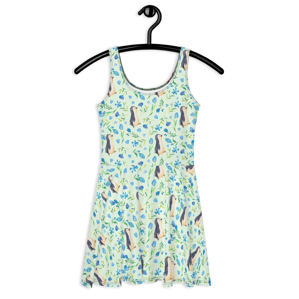 Sommerkleid Pinguinliebe Design Aquarell, Pinguin, Pinguine, Blumen, Blaue Blumen, Muster Sommerkleid, Kleid, Skaterkleid  