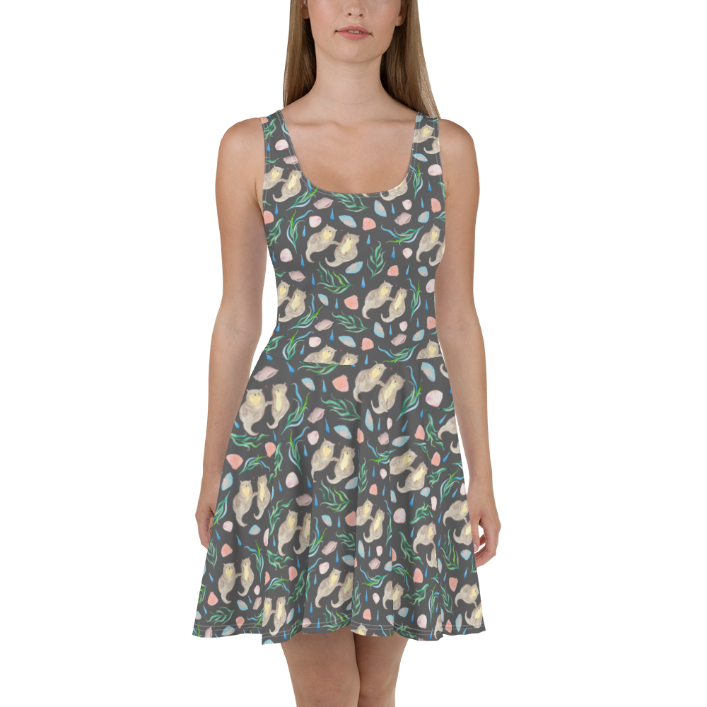 Sommerkleid Otterliebe Design Aquarell, Otter, händchenhaltene Otter, Muscheln, Meer, Beach Design, maritim Sommerkleid, Kleid, Skaterkleid  