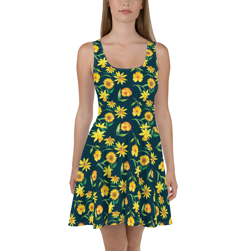 Sommerkleid Sonnengruß Design Muster, Blumen, gelbe Blumen, Sonnenblume, Osterglocke Sommerkleid, Kleid, Skaterkleid  