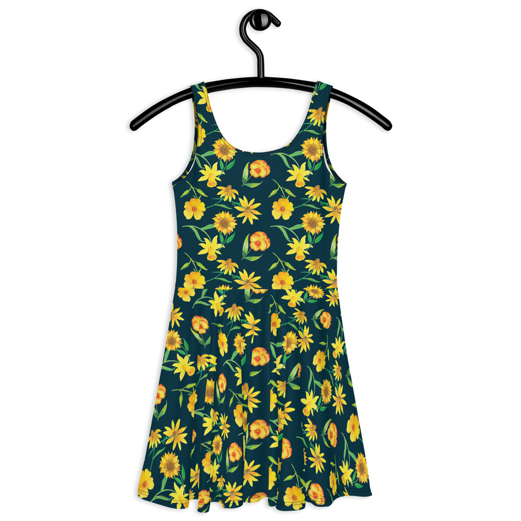 Sommerkleid Sonnengruß Design Muster, Blumen, gelbe Blumen, Sonnenblume, Osterglocke Sommerkleid, Kleid, Skaterkleid  