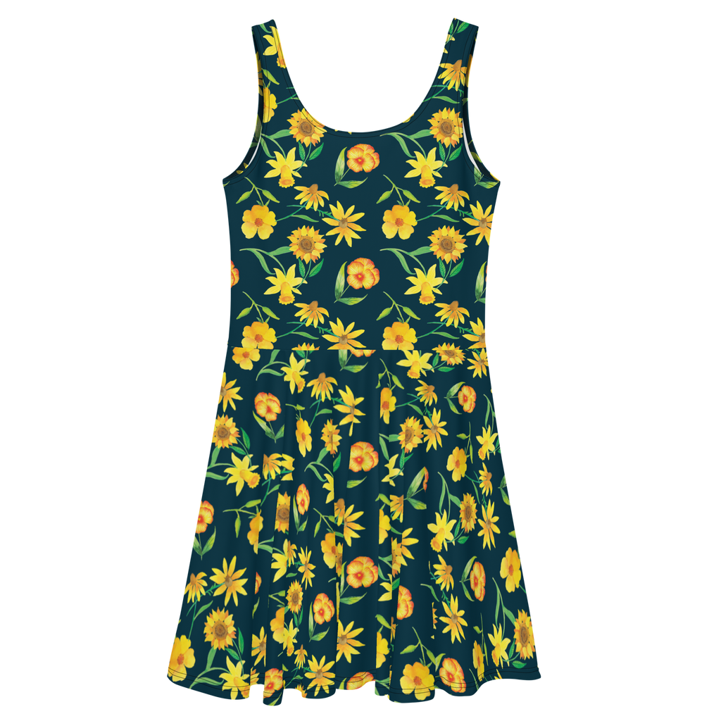 Sommerkleid Sonnengruß Design Muster, Blumen, gelbe Blumen, Sonnenblume, Osterglocke Sommerkleid, Kleid, Skaterkleid  