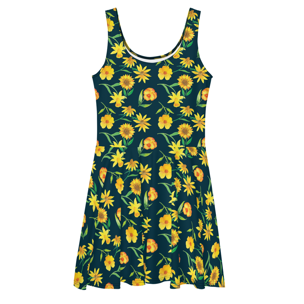 Sommerkleid Sonnengruß Design Muster, Blumen, gelbe Blumen, Sonnenblume, Osterglocke Sommerkleid, Kleid, Skaterkleid  