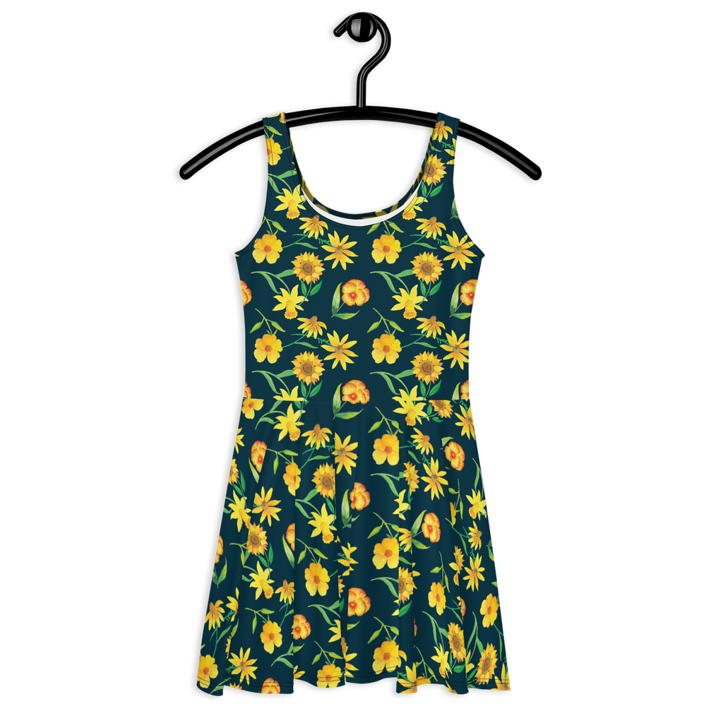 Sommerkleid Sonnengruß Design Muster, Blumen, gelbe Blumen, Sonnenblume, Osterglocke Sommerkleid, Kleid, Skaterkleid  