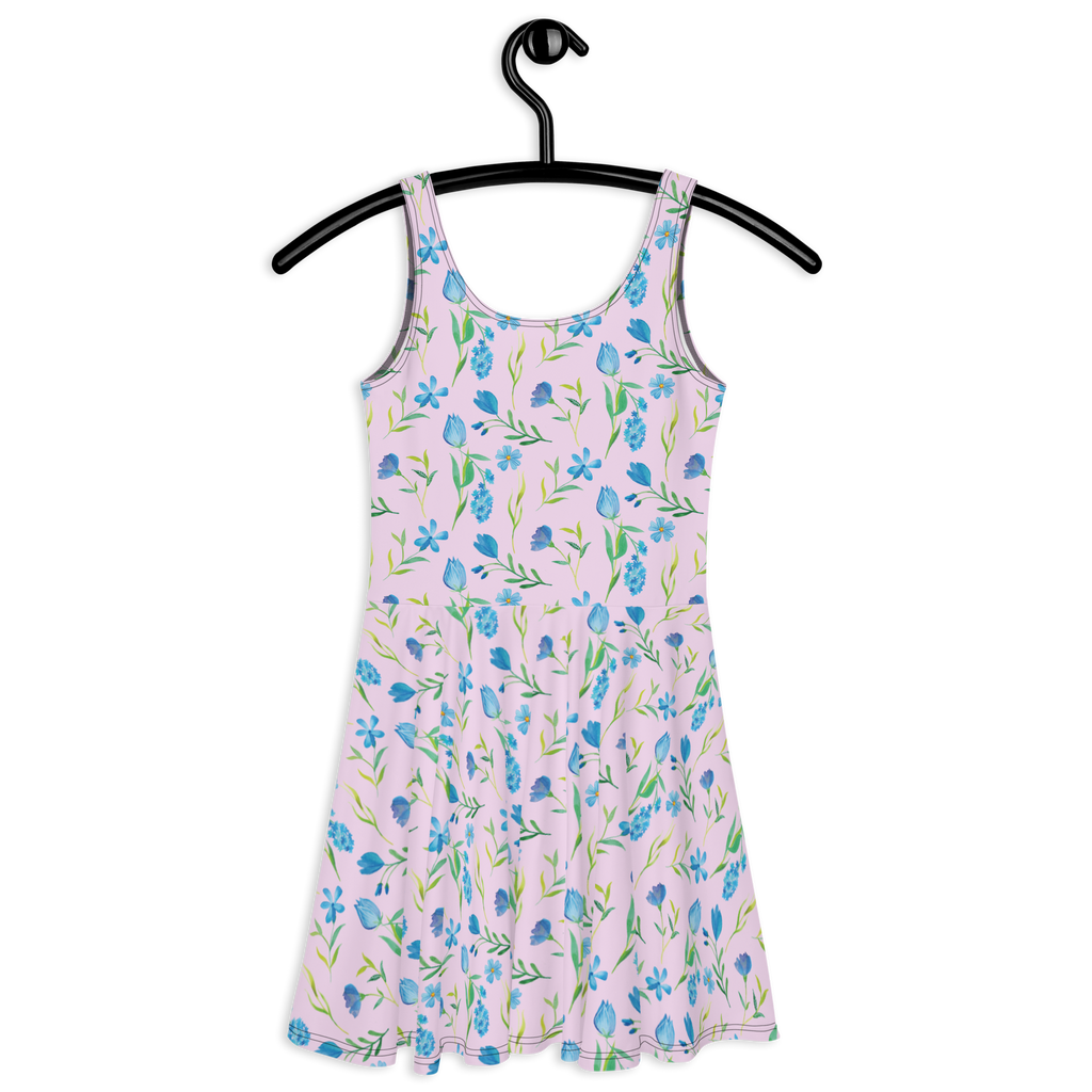 Sommerkleid Sommergedanken Design Blumen, Blumenmuster, blaue Blumen, blaues Muster, Aquarell Sommerkleid, Kleid, Skaterkleid  