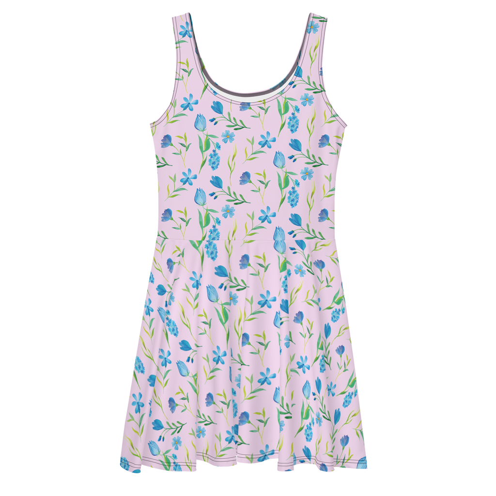 Sommerkleid Sommergedanken Design Blumen, Blumenmuster, blaue Blumen, blaues Muster, Aquarell Sommerkleid, Kleid, Skaterkleid  