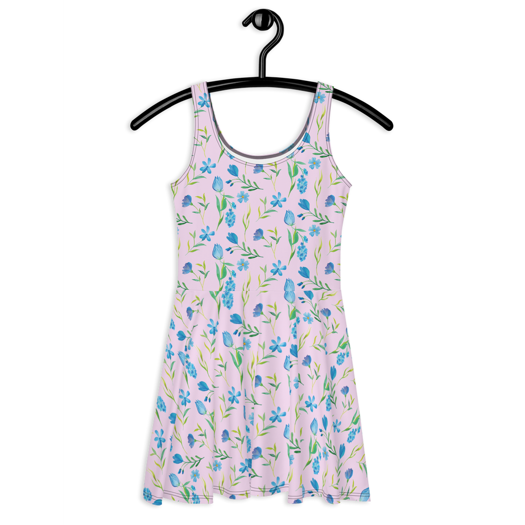 Sommerkleid Sommergedanken Design Blumen, Blumenmuster, blaue Blumen, blaues Muster, Aquarell Sommerkleid, Kleid, Skaterkleid  