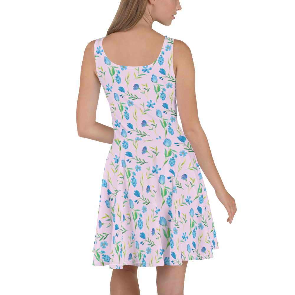Sommerkleid Sommergedanken Design Blumen, Blumenmuster, blaue Blumen, blaues Muster, Aquarell Sommerkleid, Kleid, Skaterkleid  