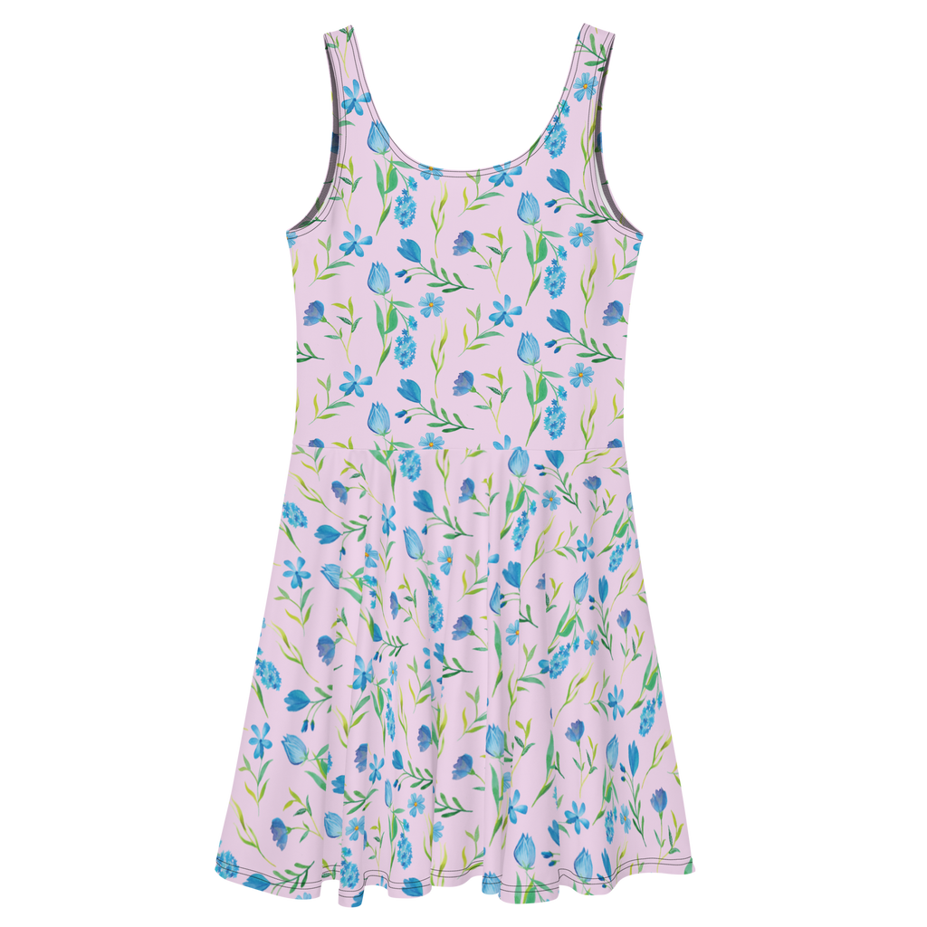 Sommerkleid Sommergedanken Design Blumen, Blumenmuster, blaue Blumen, blaues Muster, Aquarell Sommerkleid, Kleid, Skaterkleid  