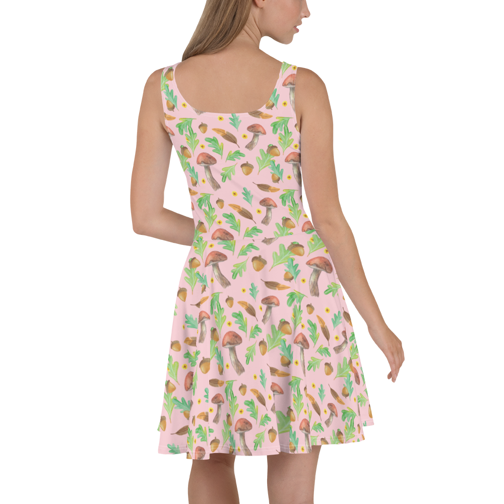 Sommerkleid Waldträume Design Aquarell, Aquarellmuster, Pilze, Glühwürmchen, Wald, Waldspaziergang, Natur, Laub, Eiche, Blätter Sommerkleid, Kleid, Skaterkleid  