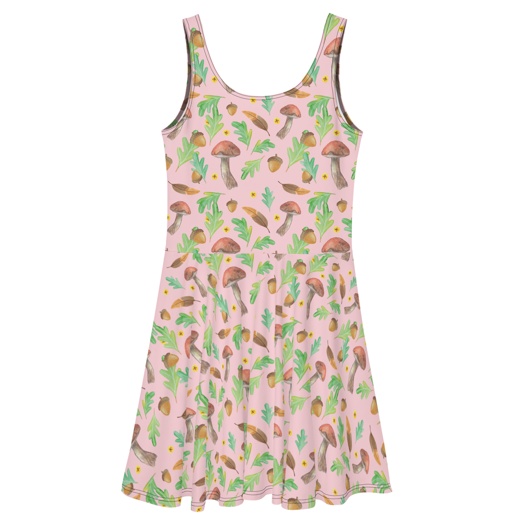 Sommerkleid Waldträume Design Aquarell, Aquarellmuster, Pilze, Glühwürmchen, Wald, Waldspaziergang, Natur, Laub, Eiche, Blätter Sommerkleid, Kleid, Skaterkleid  