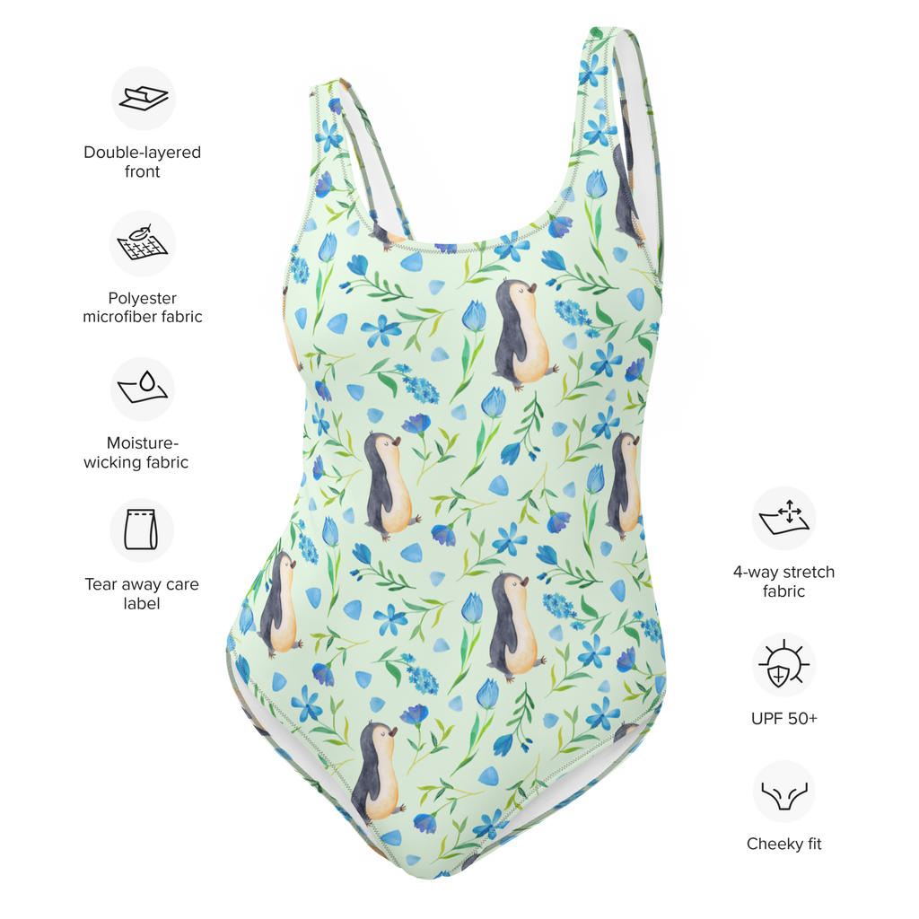 Badeanzug Pinguinliebe Design Aquarell, Pinguin, Pinguine, Blumen, Blaue Blumen, Muster Badebekleidung, Bademode, Badeanzug, Swimsuit, Rückenfreier Badeanzug, Luxus-Bademode  