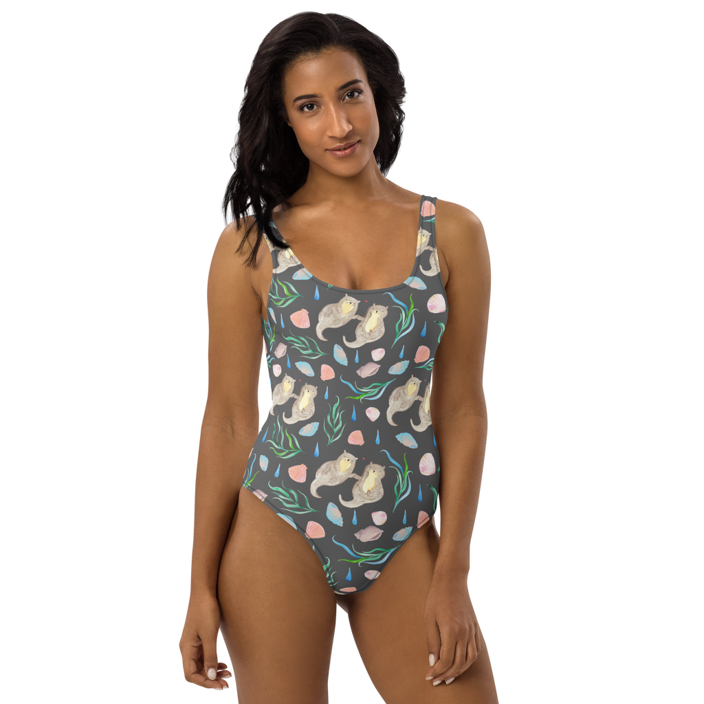 Badeanzug Otterliebe Design Aquarell, Otter, händchenhaltene Otter, Muscheln, Meer, Beach Design, maritim Badebekleidung, Bademode, Badeanzug, Swimsuit, Rückenfreier Badeanzug, Luxus-Bademode  