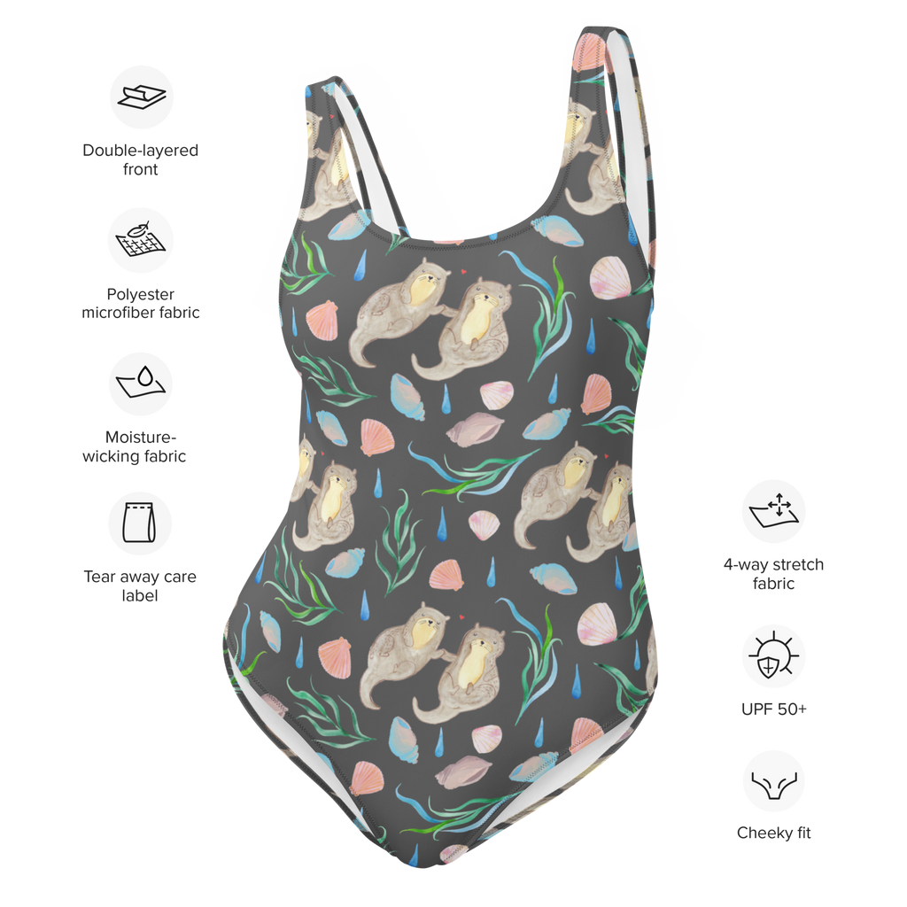 Badeanzug Otterliebe Design Aquarell, Otter, händchenhaltene Otter, Muscheln, Meer, Beach Design, maritim Badebekleidung, Bademode, Badeanzug, Swimsuit, Rückenfreier Badeanzug, Luxus-Bademode  