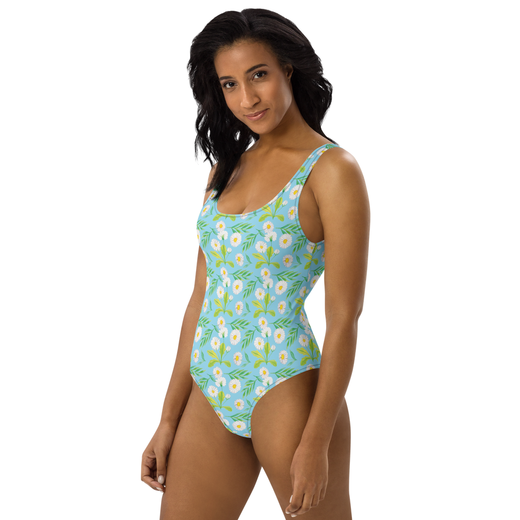 Badeanzug Wiesenzauber Design Aquarell, Blumen, Muster, Gänseblümchen, Blumenwiese, Wiese Badebekleidung, Bademode, Badeanzug, Swimsuit, Rückenfreier Badeanzug, Luxus-Bademode  