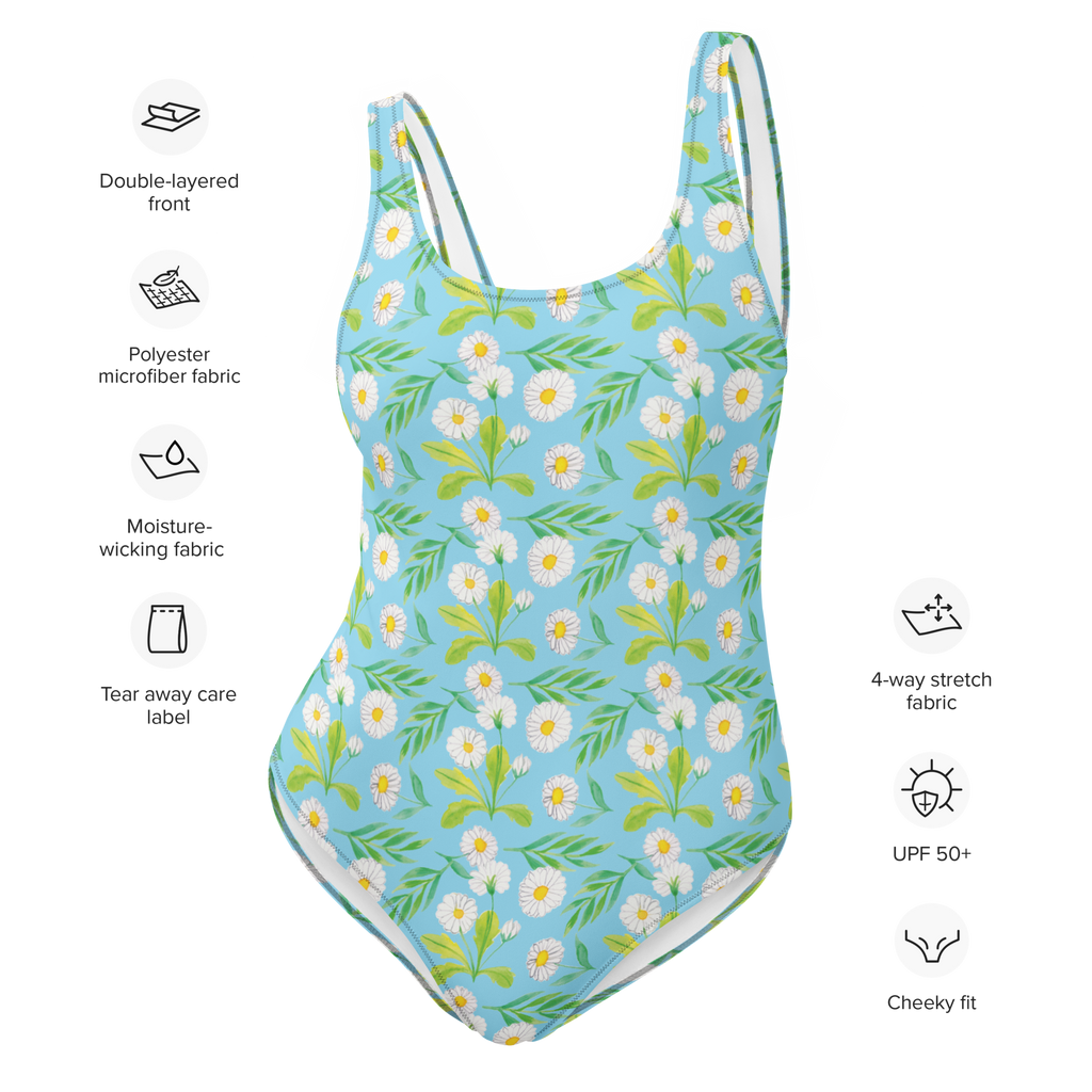 Badeanzug Wiesenzauber Design Aquarell, Blumen, Muster, Gänseblümchen, Blumenwiese, Wiese Badebekleidung, Bademode, Badeanzug, Swimsuit, Rückenfreier Badeanzug, Luxus-Bademode  