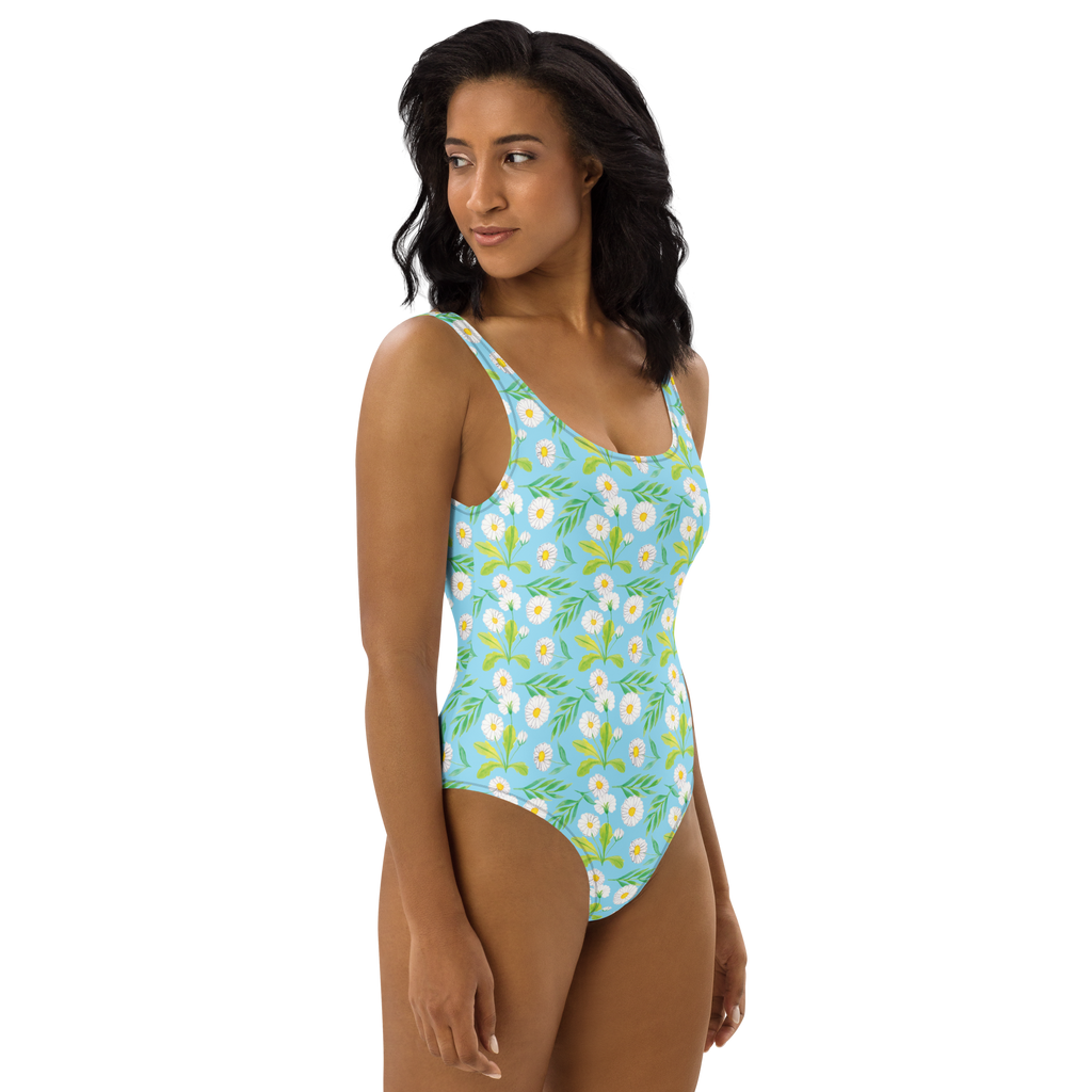 Badeanzug Wiesenzauber Design Aquarell, Blumen, Muster, Gänseblümchen, Blumenwiese, Wiese Badebekleidung, Bademode, Badeanzug, Swimsuit, Rückenfreier Badeanzug, Luxus-Bademode  