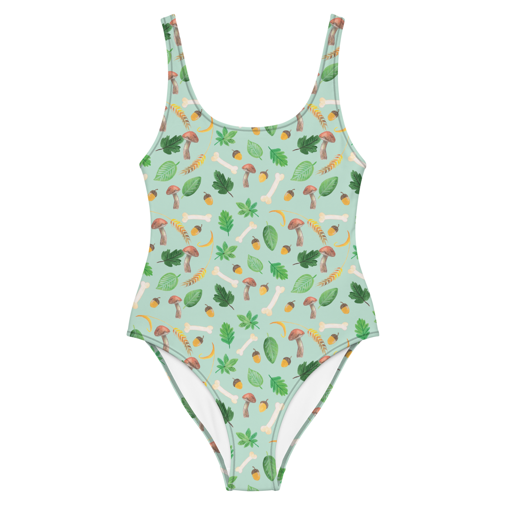 Badeanzug Herbstwald Design Aquarell Muster, Herbst, Wald, Pilze, Blätter, Laub, Pilze Badebekleidung, Bademode, Badeanzug, Swimsuit, Rückenfreier Badeanzug, Luxus-Bademode  