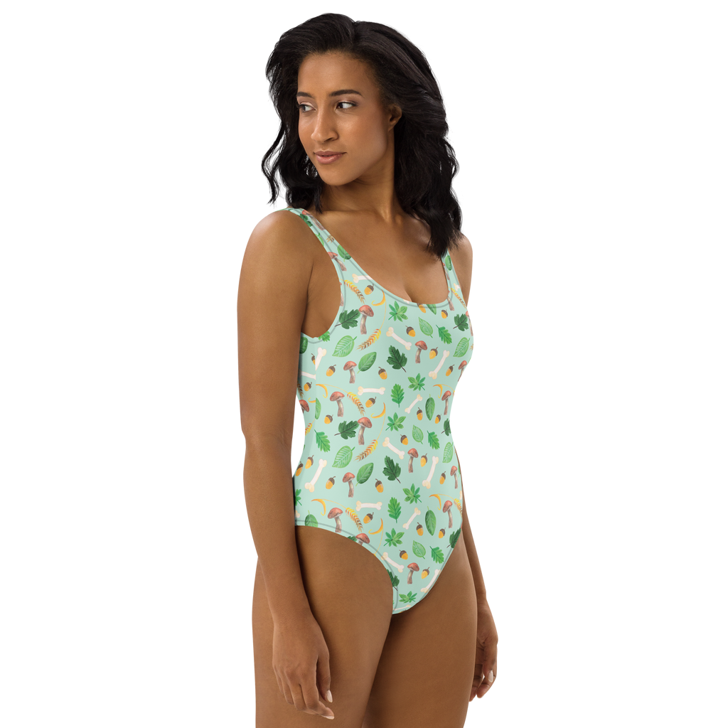 Badeanzug Herbstwald Design Aquarell Muster, Herbst, Wald, Pilze, Blätter, Laub, Pilze Badebekleidung, Bademode, Badeanzug, Swimsuit, Rückenfreier Badeanzug, Luxus-Bademode  