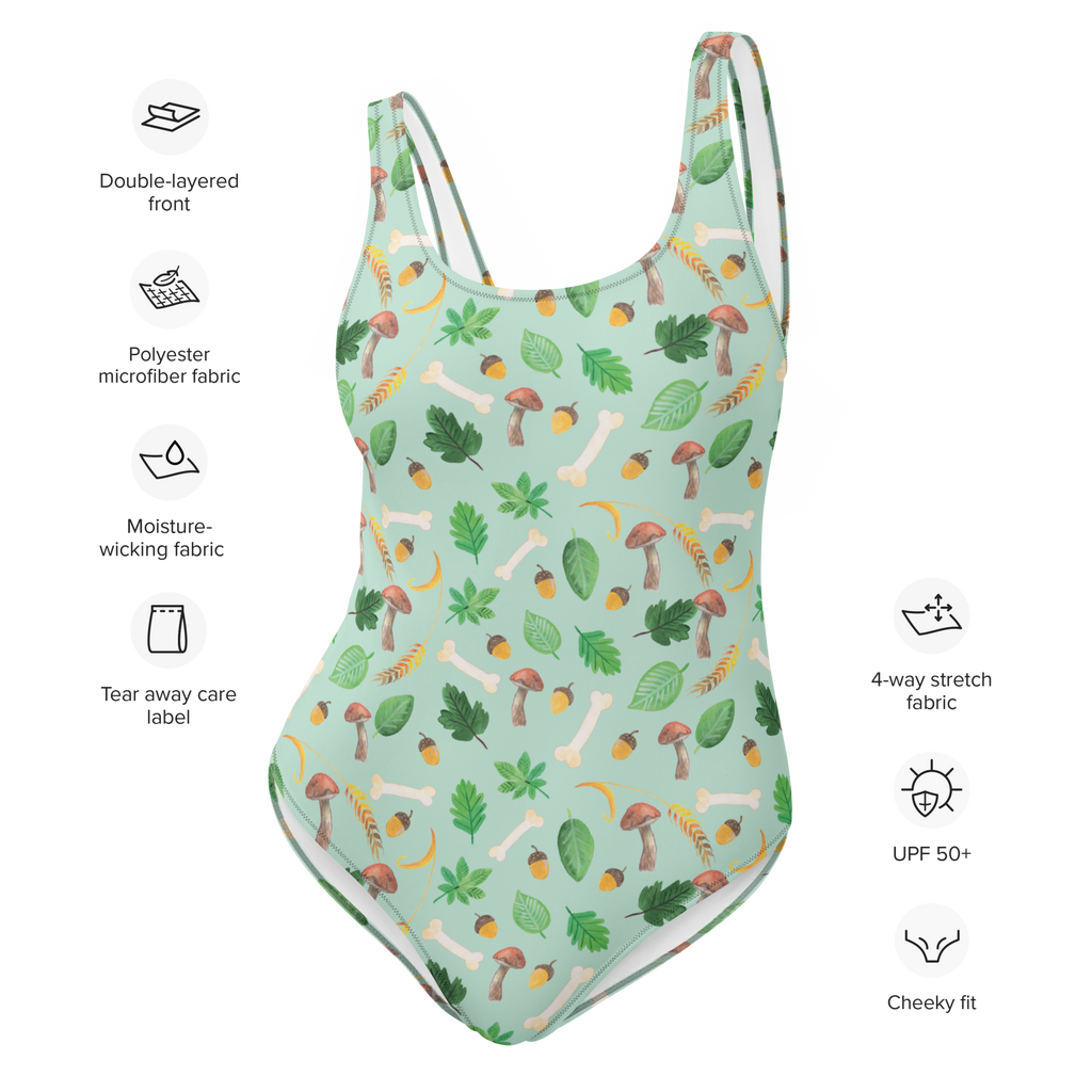 Badeanzug Herbstwald Design Aquarell Muster, Herbst, Wald, Pilze, Blätter, Laub, Pilze Badebekleidung, Bademode, Badeanzug, Swimsuit, Rückenfreier Badeanzug, Luxus-Bademode  