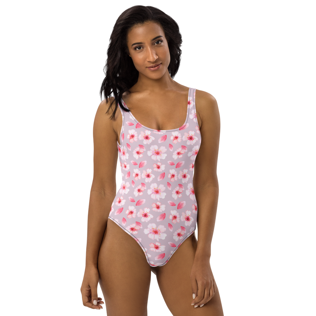Badeanzug Kirschlüten Meer Kirschblüten, Blütenmuster, Blüten, Blumen, Muster Badebekleidung, Bademode, Badeanzug, Swimsuit, Rückenfreier Badeanzug, Luxus-Bademode  