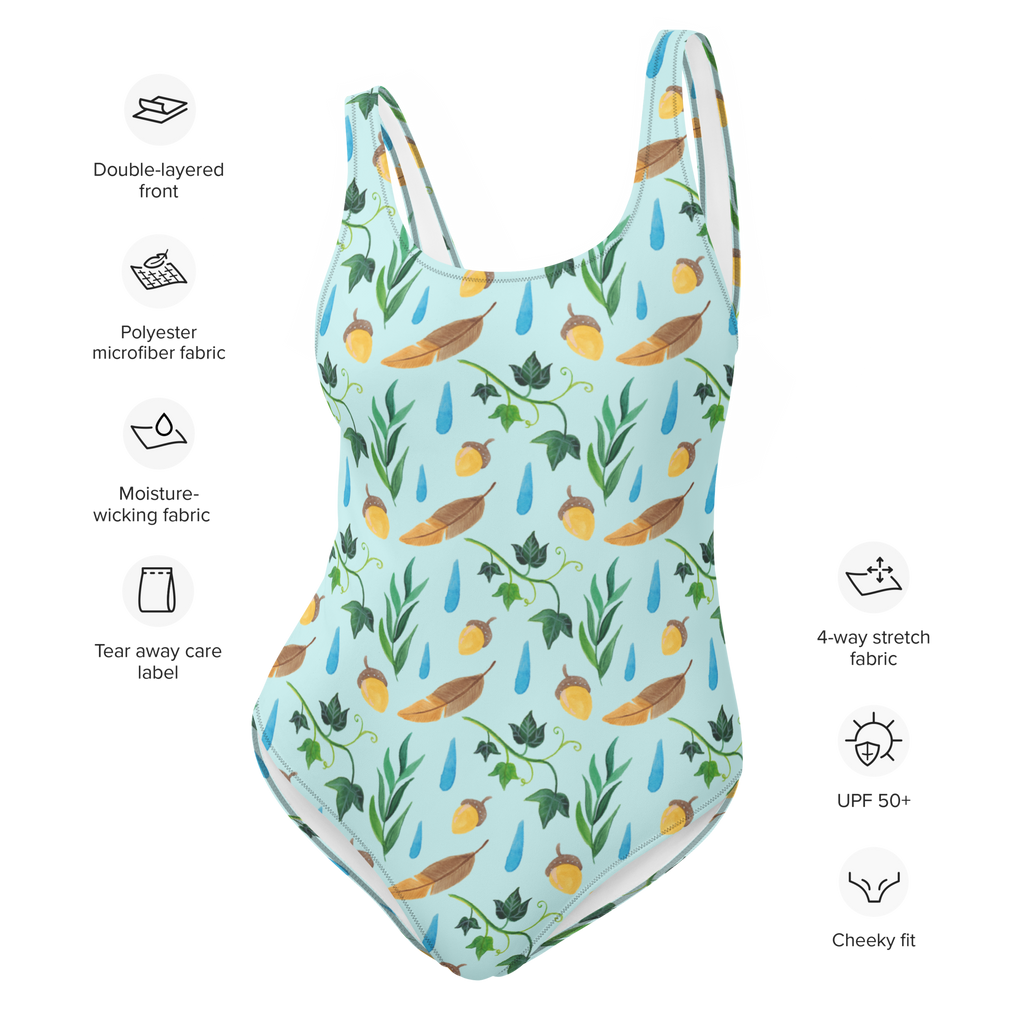Badeanzug Regentage Design Aquarell, Blätter, Efeu, Eiche, Regentropfen, Wald, Natur Badebekleidung, Bademode, Badeanzug, Swimsuit, Rückenfreier Badeanzug, Luxus-Bademode  