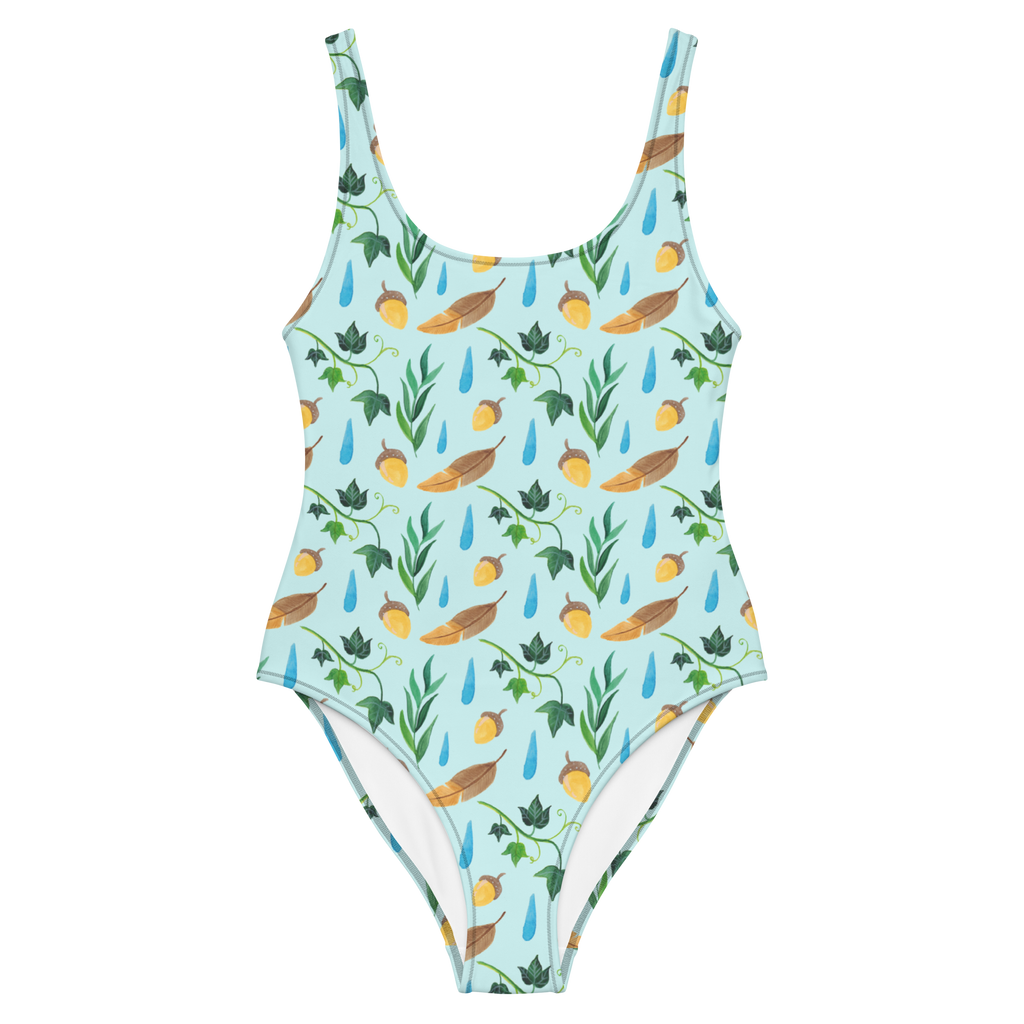 Badeanzug Regentage Design Aquarell, Blätter, Efeu, Eiche, Regentropfen, Wald, Natur Badebekleidung, Bademode, Badeanzug, Swimsuit, Rückenfreier Badeanzug, Luxus-Bademode  
