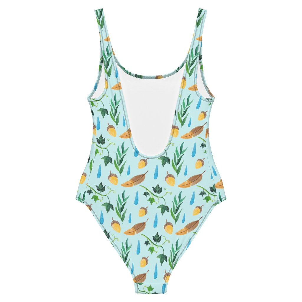 Badeanzug Regentage Design Aquarell, Blätter, Efeu, Eiche, Regentropfen, Wald, Natur Badebekleidung, Bademode, Badeanzug, Swimsuit, Rückenfreier Badeanzug, Luxus-Bademode  