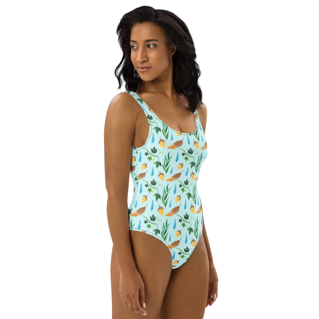Badeanzug Regentage Design Aquarell, Blätter, Efeu, Eiche, Regentropfen, Wald, Natur Badebekleidung, Bademode, Badeanzug, Swimsuit, Rückenfreier Badeanzug, Luxus-Bademode  