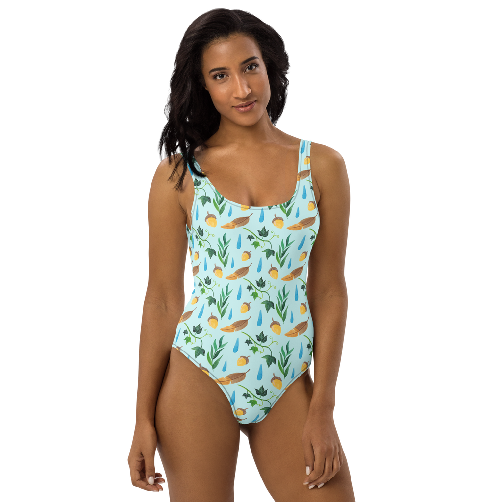 Badeanzug Regentage Design Aquarell, Blätter, Efeu, Eiche, Regentropfen, Wald, Natur Badebekleidung, Bademode, Badeanzug, Swimsuit, Rückenfreier Badeanzug, Luxus-Bademode  
