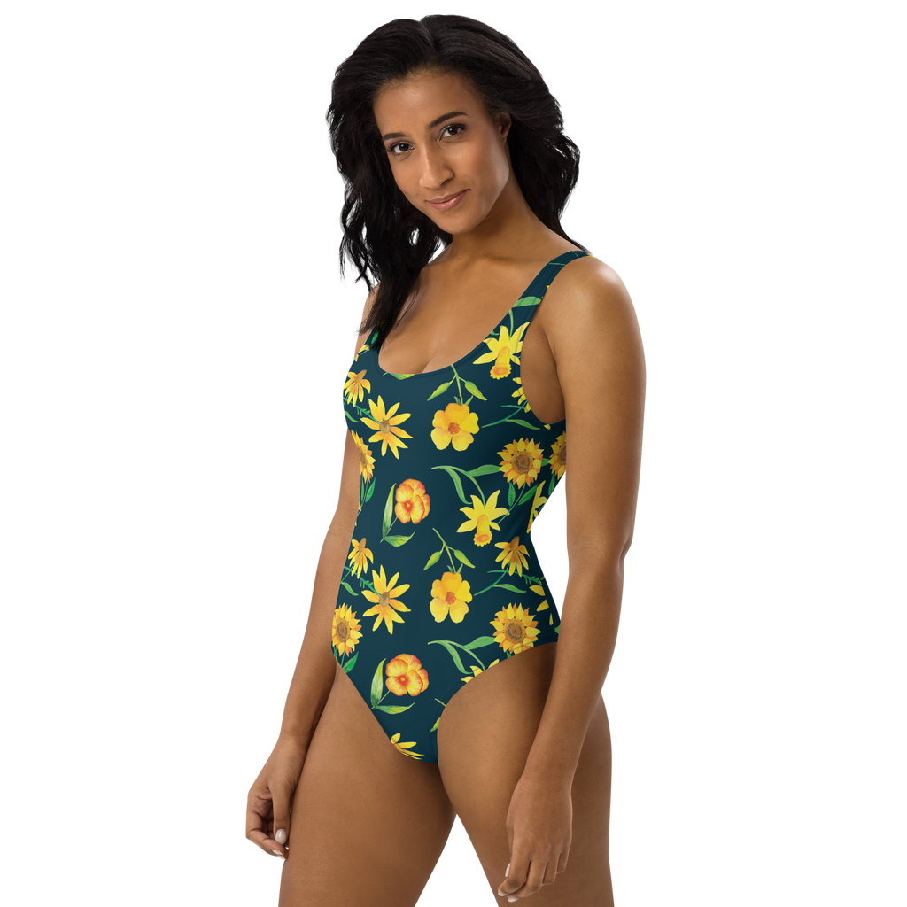 Badeanzug Sonnengruß Design Muster, Blumen, gelbe Blumen, Sonnenblume, Osterglocke Badebekleidung, Bademode, Badeanzug, Swimsuit, Rückenfreier Badeanzug, Luxus-Bademode  