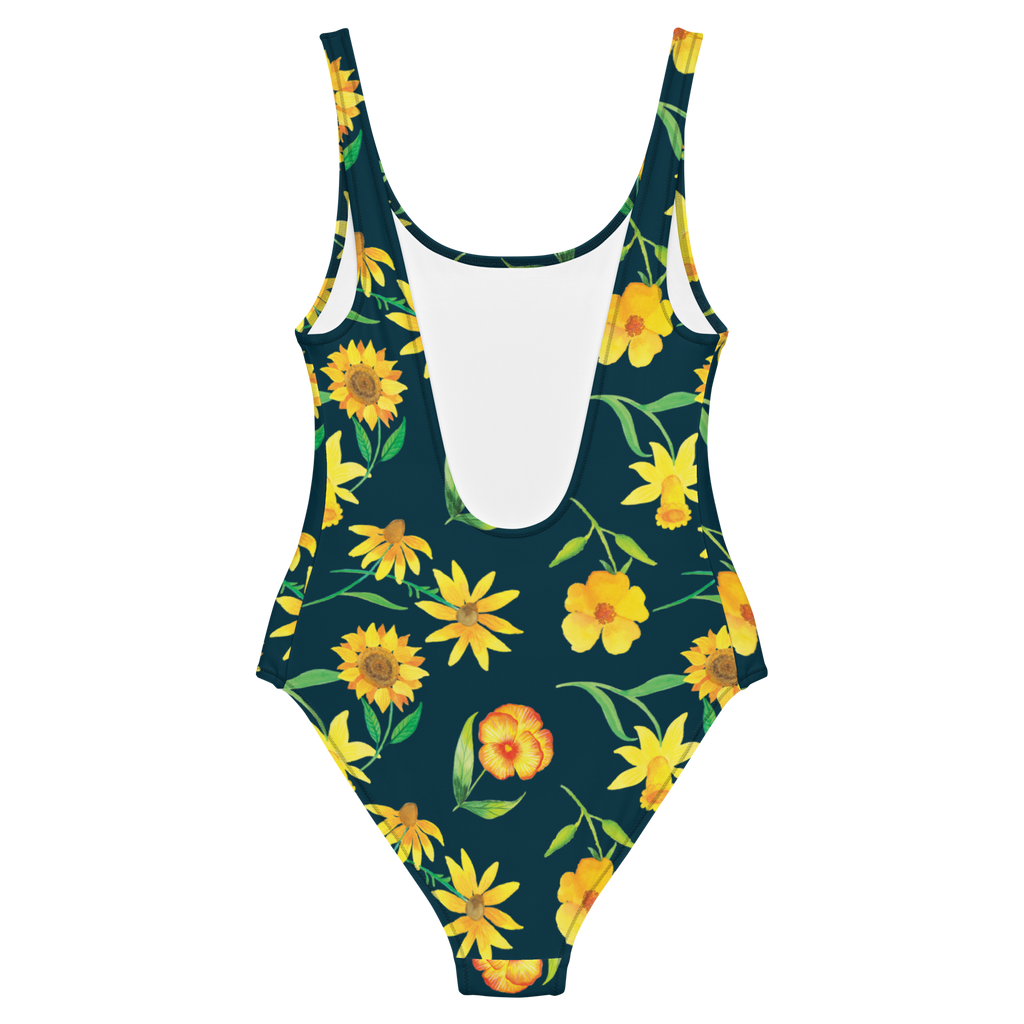 Badeanzug Sonnengruß Design Muster, Blumen, gelbe Blumen, Sonnenblume, Osterglocke Badebekleidung, Bademode, Badeanzug, Swimsuit, Rückenfreier Badeanzug, Luxus-Bademode  