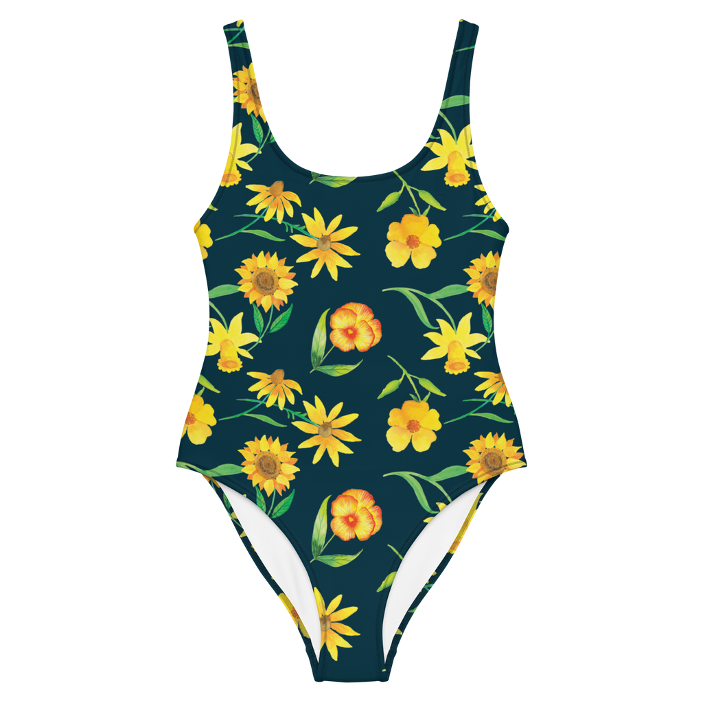 Badeanzug Sonnengruß Design Muster, Blumen, gelbe Blumen, Sonnenblume, Osterglocke Badebekleidung, Bademode, Badeanzug, Swimsuit, Rückenfreier Badeanzug, Luxus-Bademode  