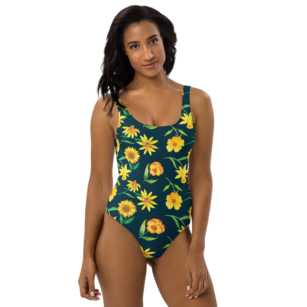 Badeanzug Sonnengruß Design Muster, Blumen, gelbe Blumen, Sonnenblume, Osterglocke Badebekleidung, Bademode, Badeanzug, Swimsuit, Rückenfreier Badeanzug, Luxus-Bademode  