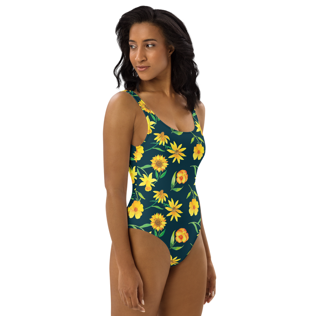 Badeanzug Sonnengruß Design Muster, Blumen, gelbe Blumen, Sonnenblume, Osterglocke Badebekleidung, Bademode, Badeanzug, Swimsuit, Rückenfreier Badeanzug, Luxus-Bademode  