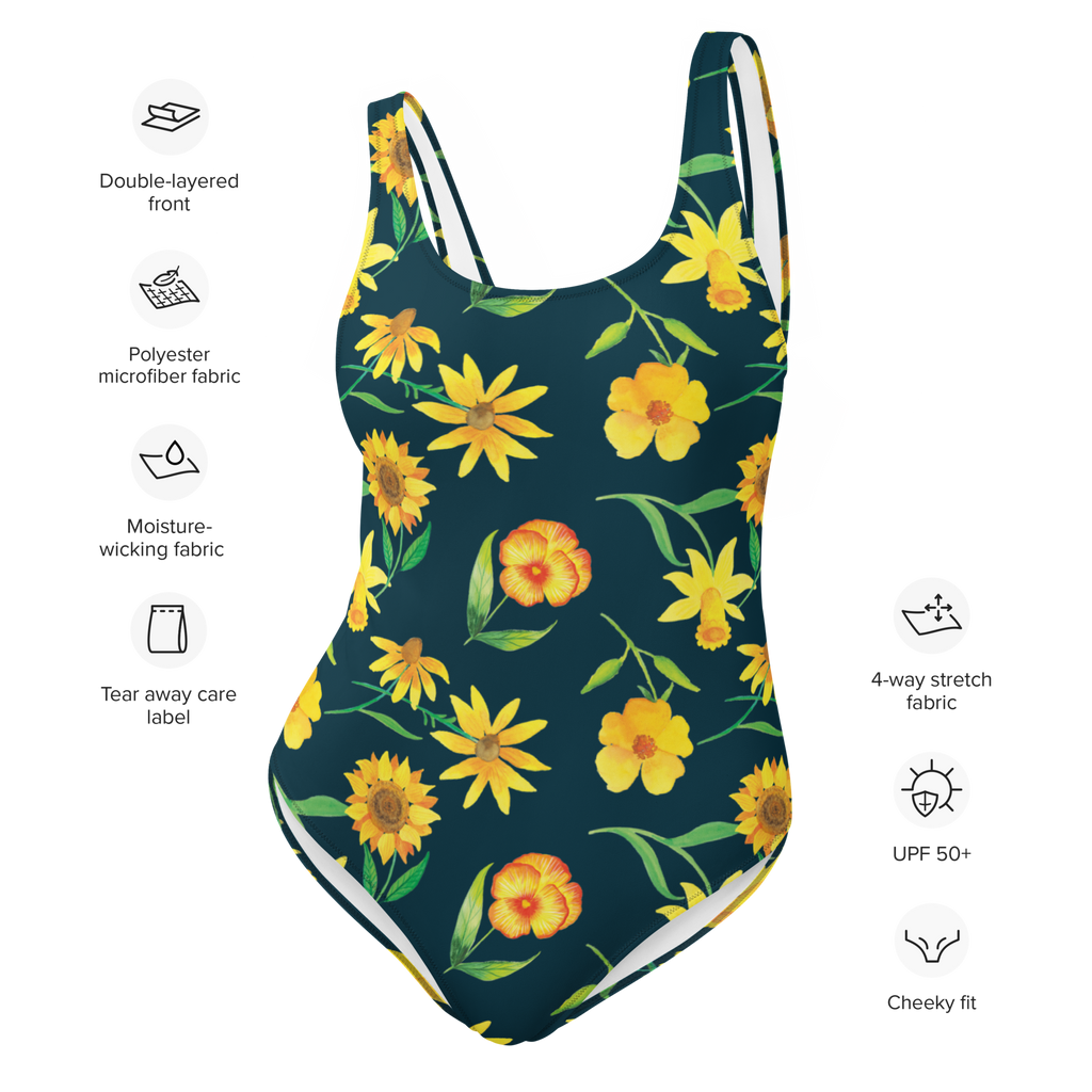 Badeanzug Sonnengruß Design Muster, Blumen, gelbe Blumen, Sonnenblume, Osterglocke Badebekleidung, Bademode, Badeanzug, Swimsuit, Rückenfreier Badeanzug, Luxus-Bademode  